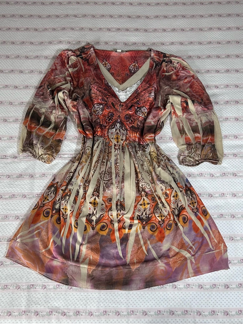 ONE WORLD Butterfly Motif V-Neck Dress in Rust, Cream and Orange